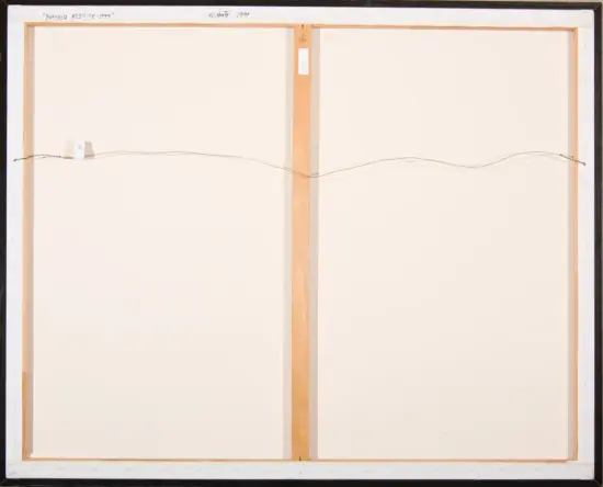 Back of a two-panel painting showing wooden stretchers, vertical seam in center, a hanging wire stretched across, with small labels and handwritten notes along the top edge.