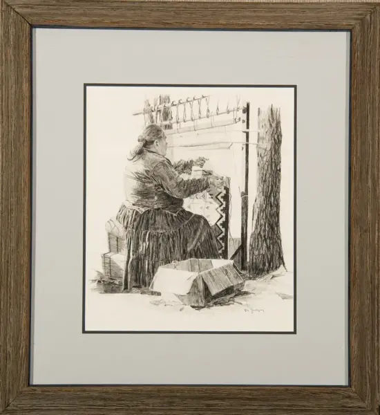 Woman seated at a loom weaving a geometric textile outdoors, in a framed sketch.