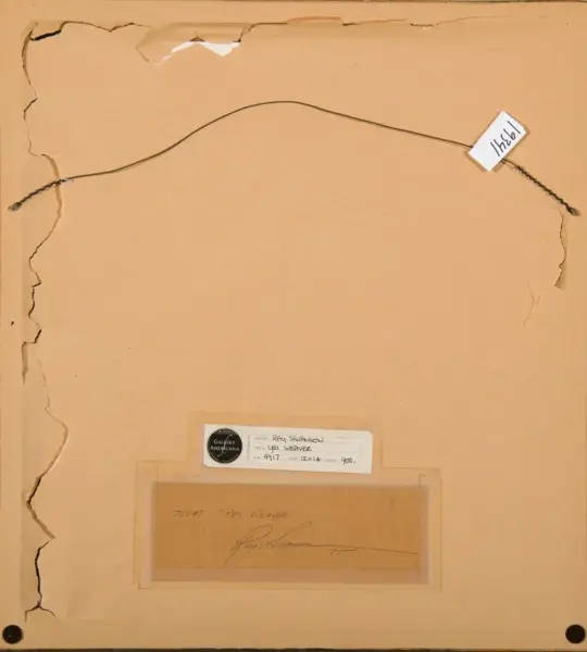 Back of a framed artwork showing a hanging wire, torn paper backing, and sticker labels with handwritten notes on the lower area.