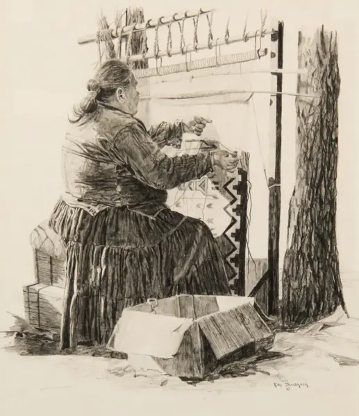 Woman in a long dress sits on a bench weaving on a loom outdoors, with yarns overhead and a patterned textile.
