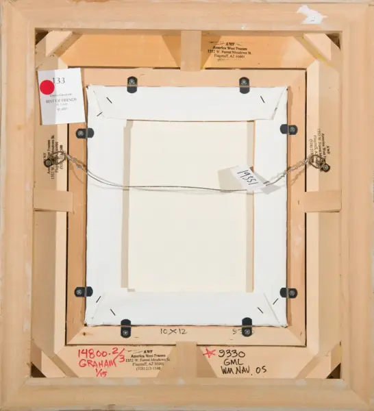 Back of a stretched canvas on a wooden frame with hanging wire, screws, and multiple labels/inventory markings (includes 10x12).