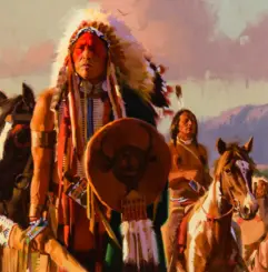 Native American leader in a feathered headdress on horseback, holding a shield, with companions nearby in a painted scene