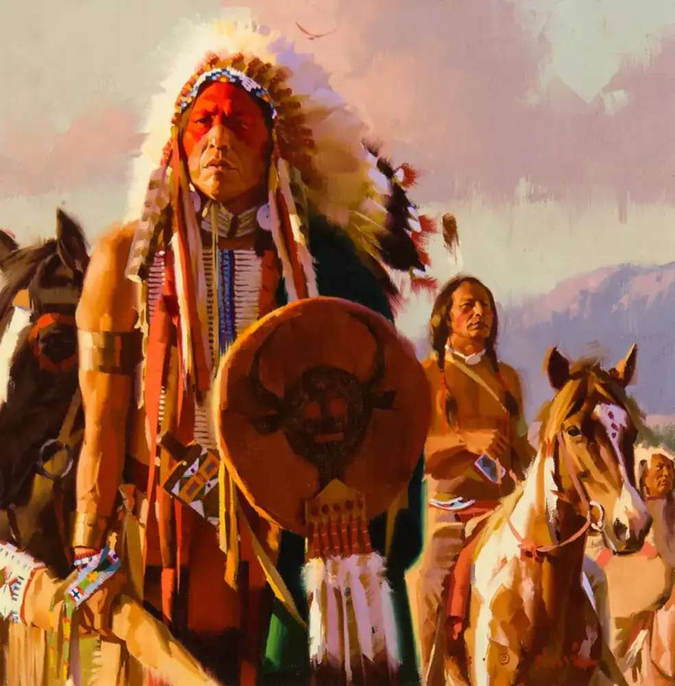 Native American chiefs on horseback, one wearing a feathered headdress and holding a round shield, in a desert landscape.