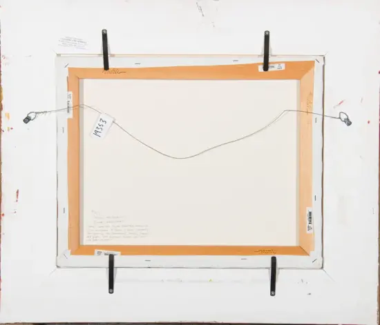 Back of a framed canvas with hanging wire, wall hooks, and labels; a tag reads 1935.