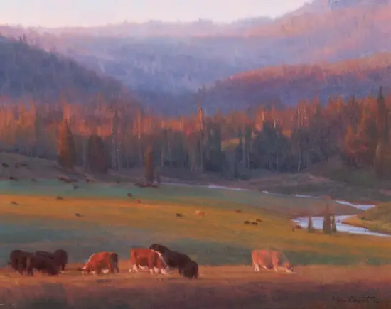Impressionist landscape showing cows grazing in a sunlit meadow with a forest and purple hills in the distance at sunset light.