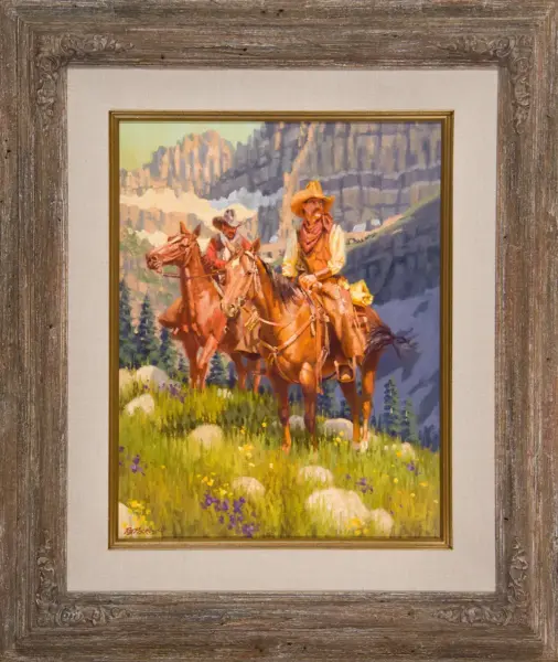 Painting of three cowboys on horses in a mountain meadow with wildflowers and cliffs in the background,