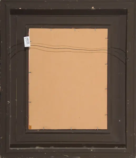 Back of a framed artwork with a brown cardboard backing, secured by metal clips inside a dark wooden frame; a small white tag on the left reads '1935'.