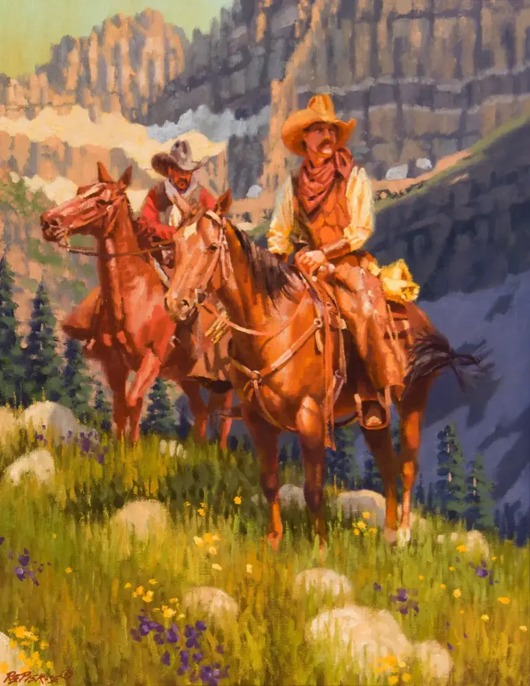 Two cowboys on horseback ride through a meadow of wildflowers under rocky cliffs in a mountain landscape (painted scene).