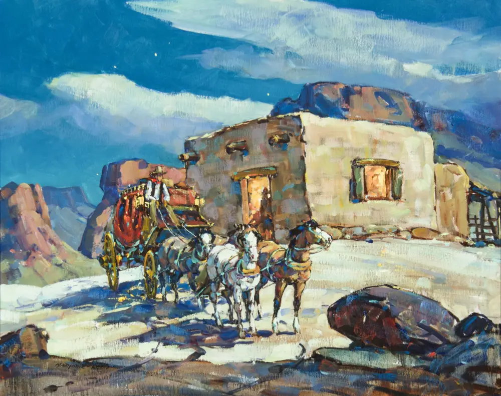 Impressionist painting of a herd of cows walking through a snowy landscape under a blue sky with wispy clouds.
