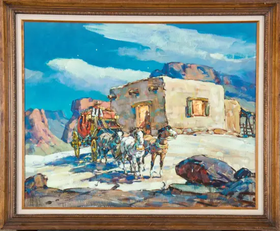 Colorful painting of a horse-drawn wagon passing an adobe house in a rocky desert landscape.