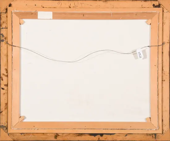 Rear view of a stretched canvas on a wooden frame with a hanging wire and small label, ready to be hung.