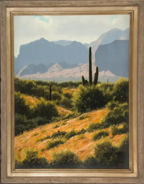 Desert landscape painting with tall cacti in the foreground, scrubby brush, and distant mountains under a pale sky.