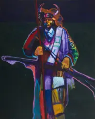Abstract, neon-colored figure wearing a horned headdress, holding a staff against a dark background; stylized, expressive portrait.