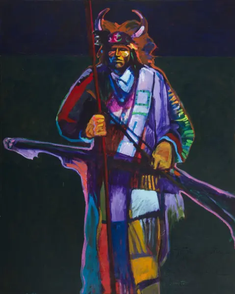 Abstract, neon-colored figure wearing a horned headdress, holding a staff against a dark background; stylized, expressive portrait.