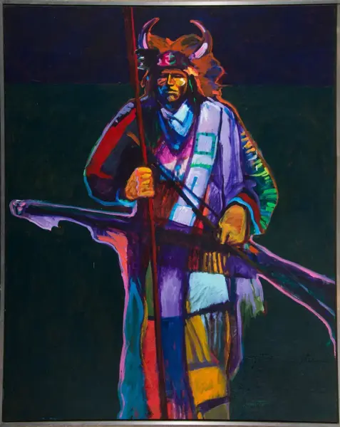 Vibrant abstract painting of a horned figure in traditional robes, holding a long staff and a bow.