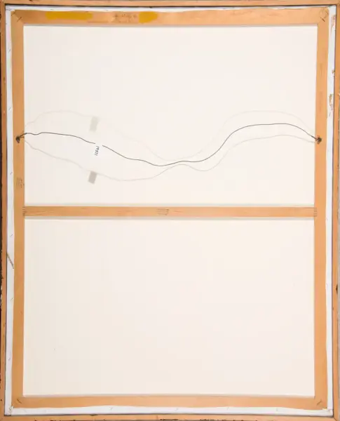 Back of a stretched canvas: wooden frame with beige-brown bars, hanging wire across top, two eyelets, and a label with numbers on the wire.