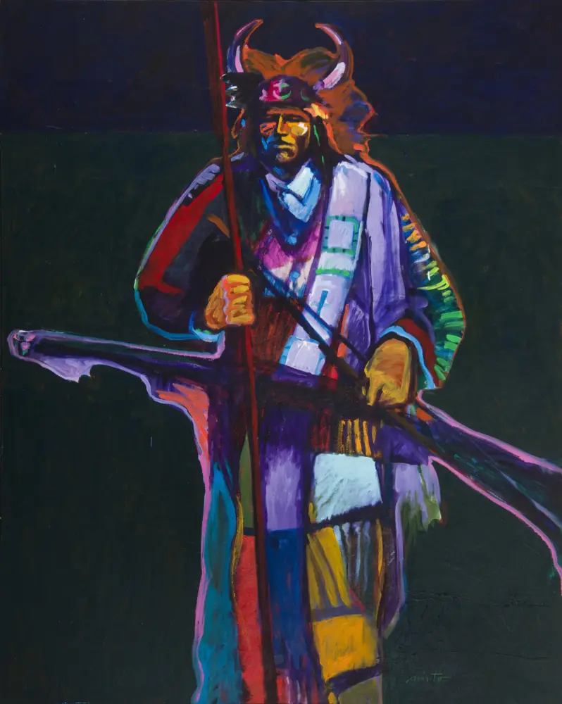 Abstract, neon-colored figure wearing a horned headdress, holding a staff against a dark background; stylized, expressive portrait.