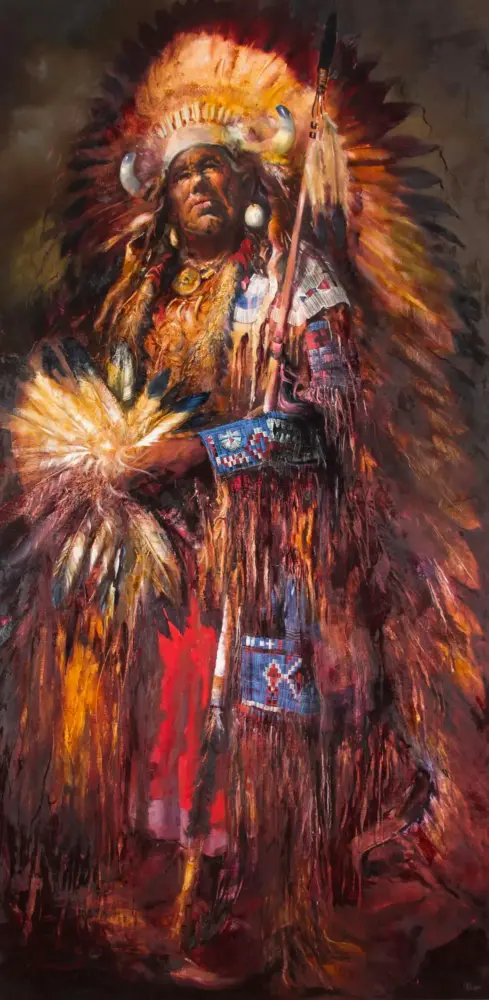 A Native American man in a high feathered war bonnet and ceremonial regalia, holding a staff and gaze forward, illuminated by warm colors.