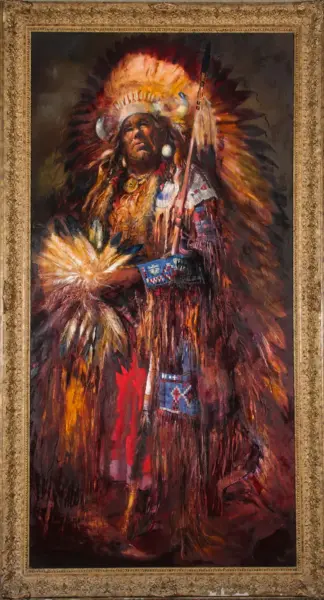 Portrait of a Native American chief in a feathered headdress holding a spear, wearing ceremonial robes in a decorative frame