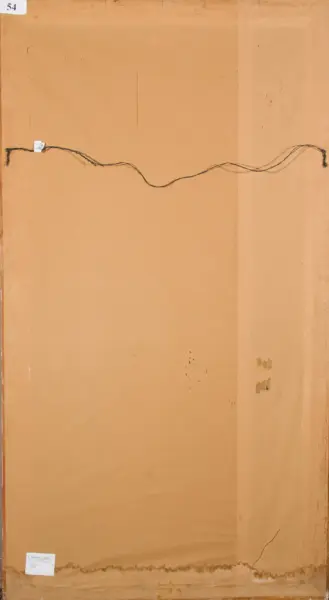 Back of a framed piece of art showing a hanging wire stretched across the middle, with small white labels at the left and bottom corners on a brown backing.