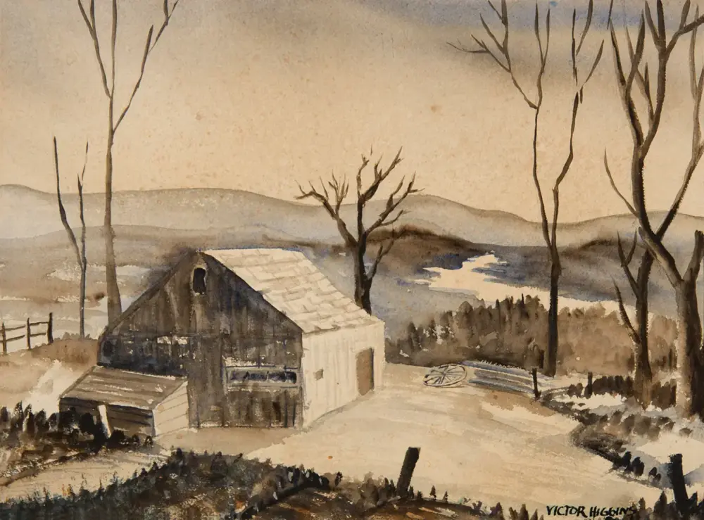 Watercolor winter scene with a small barn, bare trees, and distant rolling hills in muted tones.