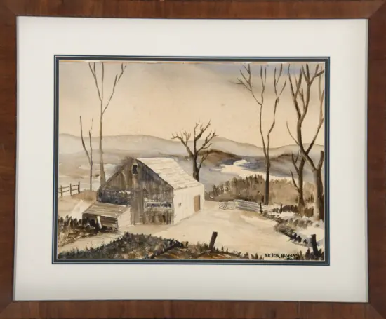 Framed landscape painting of a snowy village with leafless trees and a small house, in beige and brown tones.