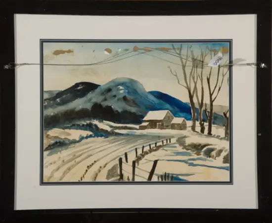 Winter snowy landscape with a small cabin and barn beside bare trees, blue hills in the background, fence posts along a snow-covered path framed as wall art