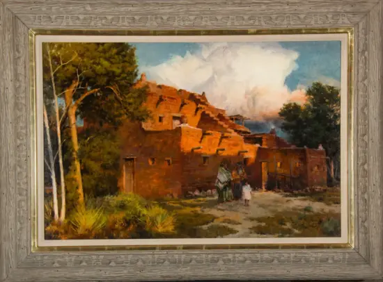 Painting of a reddish adobe pueblo with people gathered in front, trees on the left, and a cloudy blue sky behind.