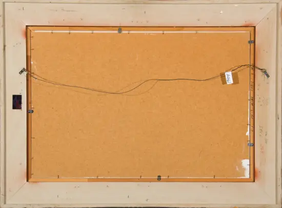 Back of a framed painting showing a wooden frame, brown fiberboard backing, and a hanging wire run across the back with small metal fasteners and tags attached to the wire.