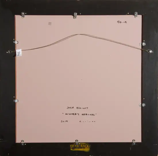 Back of a framed painting showing hanging wire across the pink backing; artist Josh Elliott, title "Winter's Arrival", 2015 (frame hardware visible).