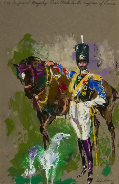 Impressionistic painting of a uniformed cavalry officer beside a dark horse on a green field; the officer wears a tall black helmet with a white plume and a bright yellow-blue uniform, with a dog or small animal at the bottom foreground.