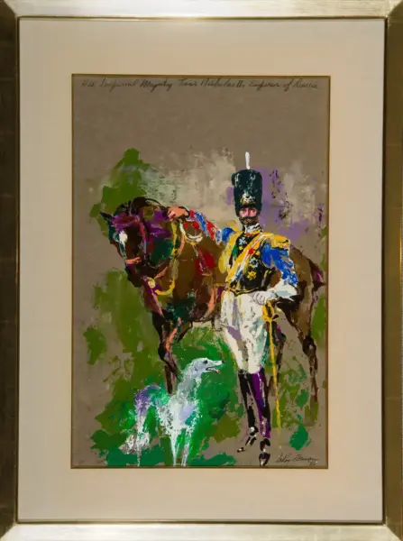 Framed painting of a colorful cavalryman on a brown horse, wearing a tall black hat and blue-yellow uniform, with a white dog at the bottom left.