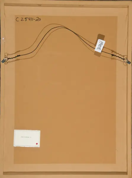 Back of a framed artwork with hanging wires and labels, showing a brown backing board and a small white label with text.