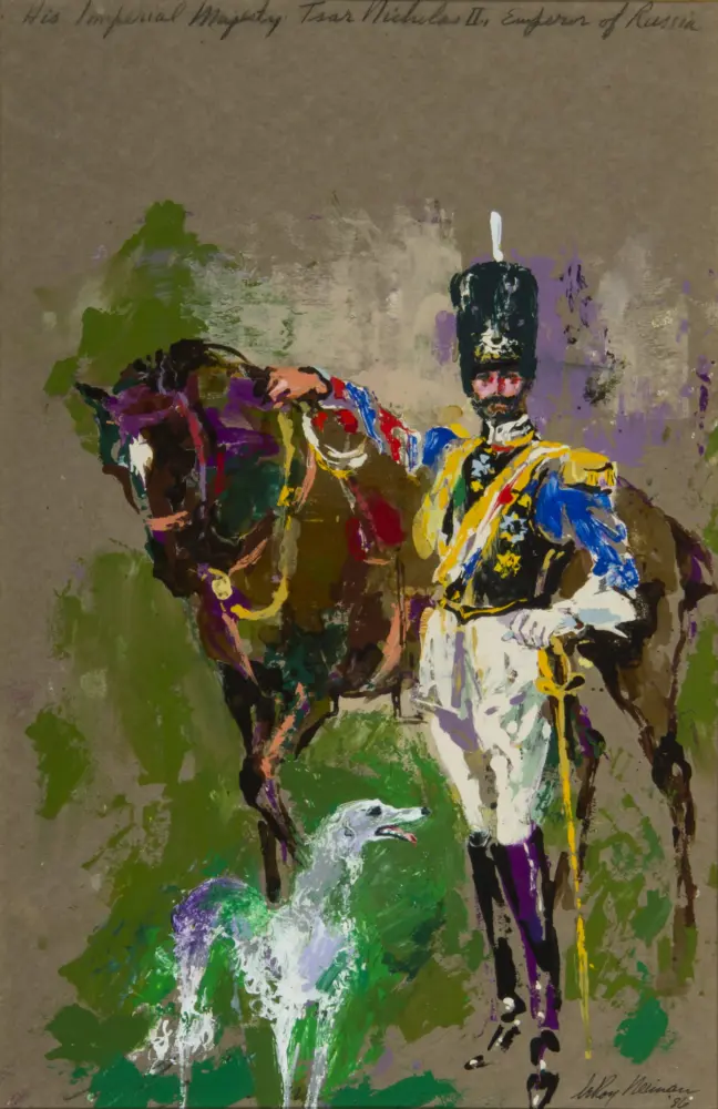 Impressionistic painting of a uniformed cavalry officer beside a dark horse on a green field; the officer wears a tall black helmet with a white plume and a bright yellow-blue uniform, with a dog or small animal at the bottom foreground.