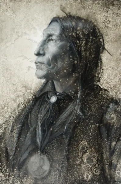 Profile portrait of an elderly woman in a headscarf, looking left, with a textured, beige background.