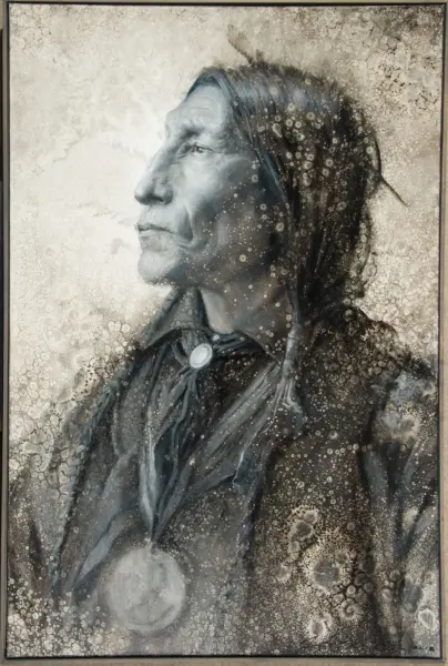 Profile of an Indigenous elder in a dark cloak, facing left, with a textured bubbled background suggesting rain or time-worn surface.