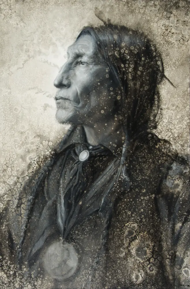 Profile portrait of an elderly woman in a headscarf, looking left, with a textured, beige background.