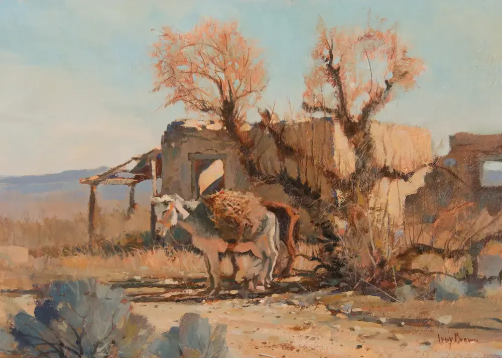 Impressionist painting of a ruined building with two leafless trees in a dry, sunlit landscape.