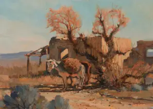Impressionist painting of a ruined brick building with pink-leaved trees and two horses in a dry, grassy foreground.