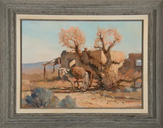 Desert ruin with two horses near a crumbling adobe structure and orange trees under a pale blue sky, in a rustic painting style.
