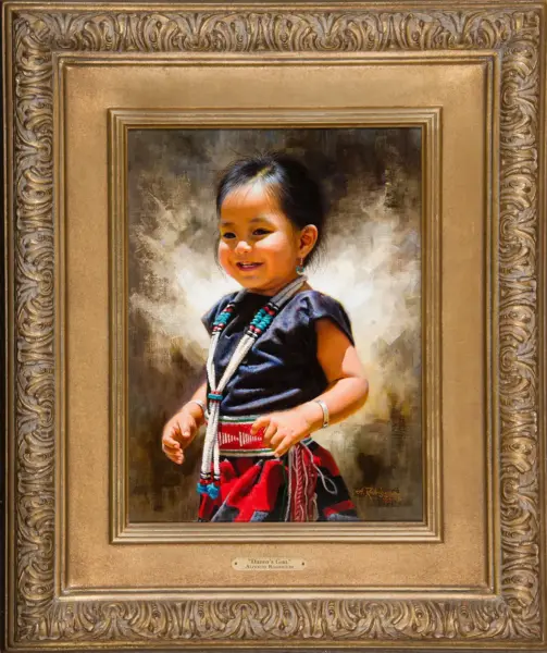 Portrait of a young girl in traditional clothing with turquoise bead necklace, standing in a decorative gold frame.