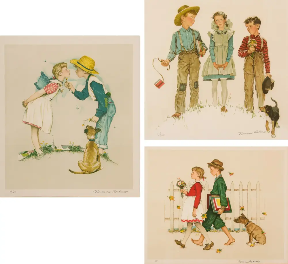 Quad-panel collage of vintage children’s fashion illustrations in soft pastels, signed Norman Rockwell-inspired art.