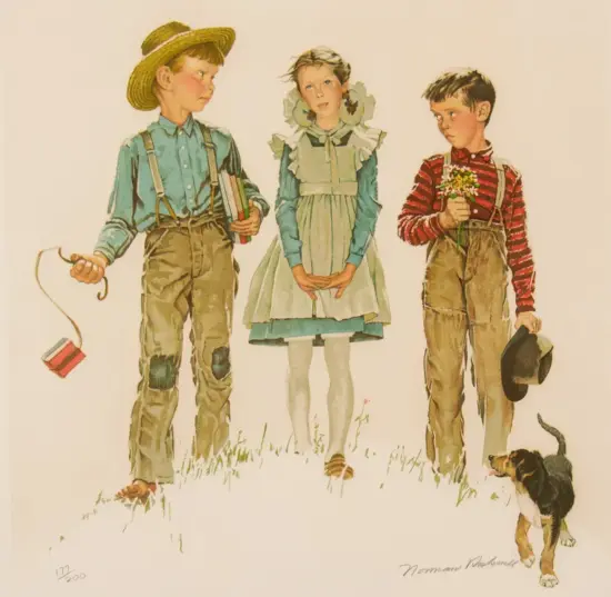 Three children in vintage clothing stand on grass with a small dog nearby; left boy in a straw hat holds books, center girl wears a blue dress with ruffles, right boy holds flowers and a hat.