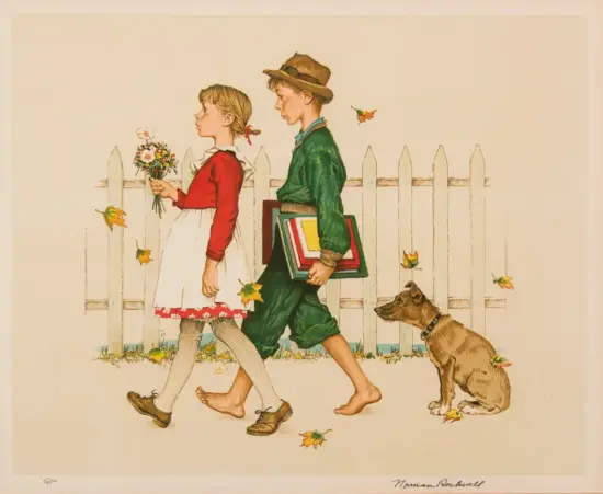 Two children walk past a white picket fence in autumn; girl holds a bouquet, boy carries books, and a dog follows.