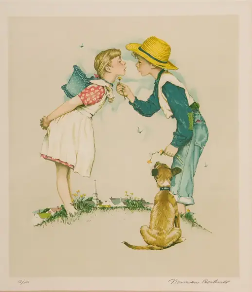 Vintage illustration of a boy in a straw hat and overalls kissing a girl in a white dress; a dog sits at their feet.