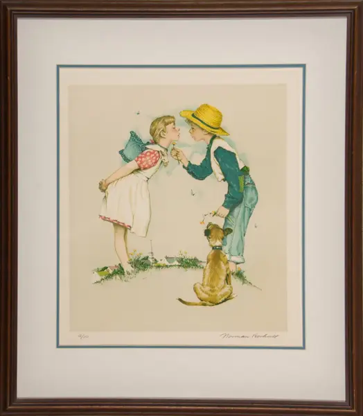 Vintage-style illustration of a boy in a straw hat offering a flower to a girl while a small dog sits nearby in a grassy scene framed as wall art