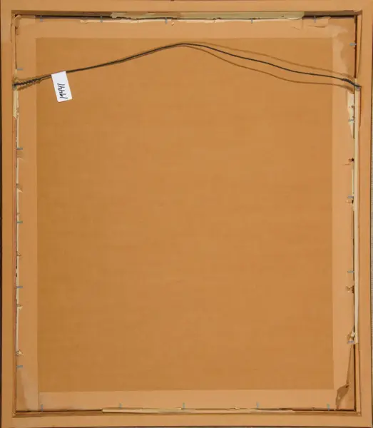 Back side of a stretched canvas in a wooden frame, showing a hanging wire and a small numbered tag.