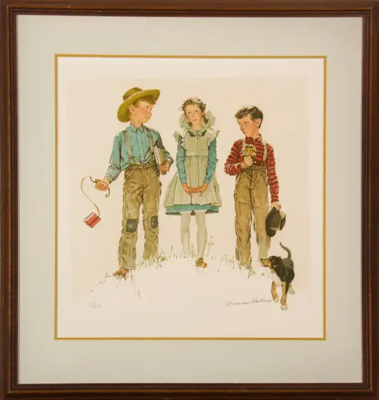 Vintage illustration of three children in old-fashioned clothes standing on grass with a small dog nearby, framed as wall art.