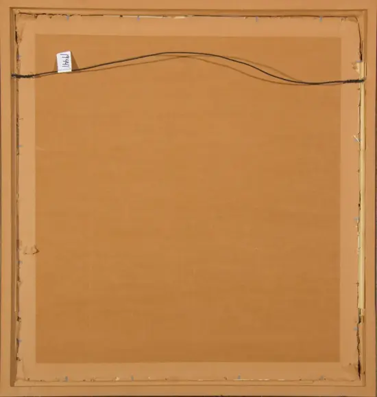 Back of a framed canvas with a wooden frame, showing a black hanging wire across the top and a small label on the left.