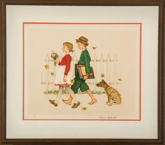 Two children walk past a white picket fence: the girl holds a bouquet, the boy carries books, with a dog beside them and autumn leaves on the ground in a framed illustration.